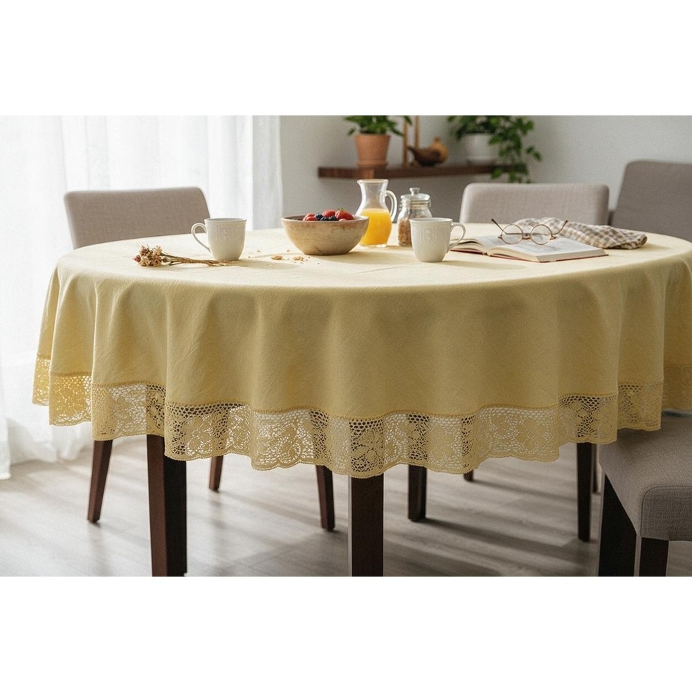 Vintage Cottagecore Oval Tablecloth Yellow 90 Inch Floral Lace Trim Boho Decor